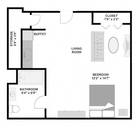 Floor plan for studio, 1 bath, 323 sqft